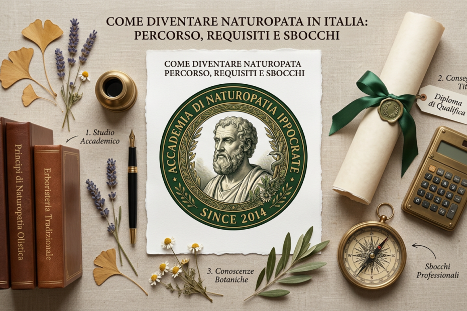Percorso visivo a tappe che rappresenta come diventare naturopata in Italia: formazione triennale, requisiti e sbocchi professionali
