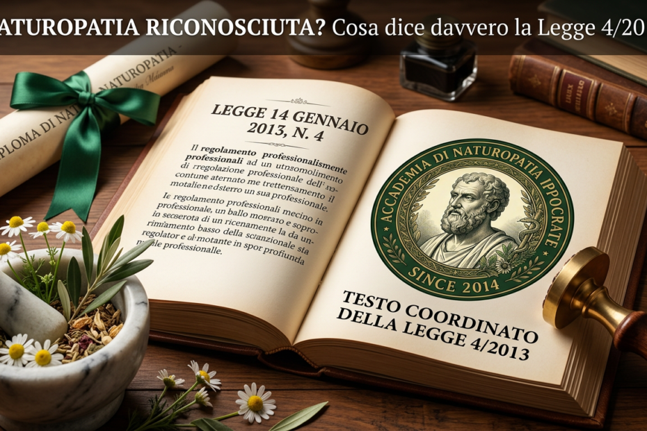Libro di legge aperto su una scrivania - la Legge 4/2013 che disciplina le professioni non organizzate come la naturopatia in Italia