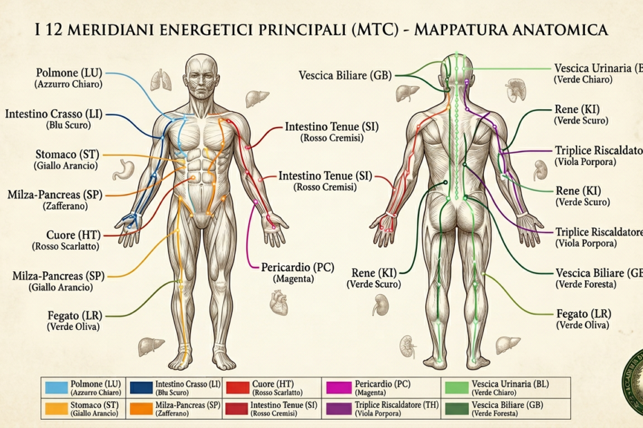 I 12 meridiani principali della Medicina Tradizionale Cinese rappresentati in colori distinti su sfondo chiaro
