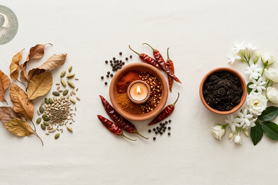 I dosha dell'Ayurveda - Vata, Pitta e Kapha - rappresentati da tre composizioni con foglie secche, spezie ed elementi naturali