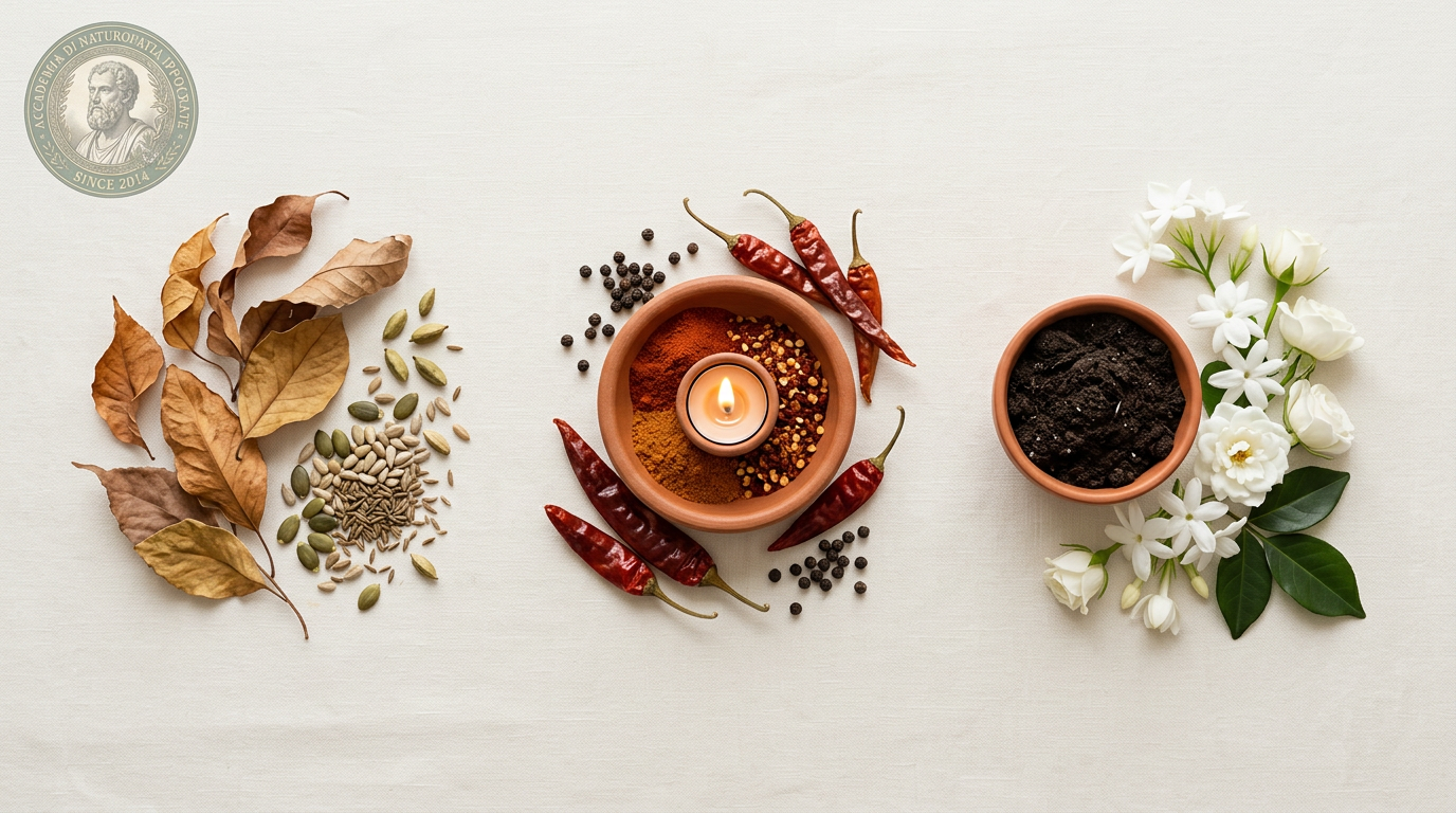 I dosha dell'Ayurveda: Vata, Pitta e Kapha spiegati oltre i luoghi comuni 4 #12227 — Firefly_I dosha Vata Pitta Kapha_Tre composizioni affiancate su piano neutro- foglie secche e 43683