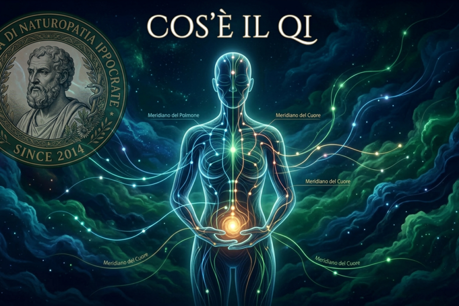 Figura umana stilizzata con linee di energia luminosa lungo i meridiani - il Qi, l'energia vitale della Medicina Tradizionale Cinese