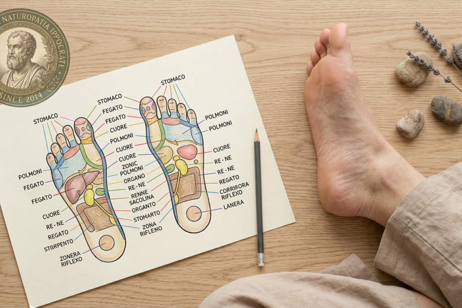 Vista dall'alto di un trattamento di riflessologia plantare - la mappa riflessa del piede nella pratica del naturopata
