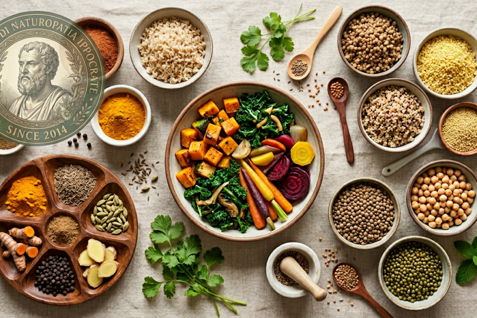 Tavola con ciotole di alimenti colorati - l'alimentazione energetica letta con gli occhi della MTC e dell'Ayurveda
