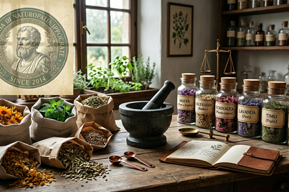 Bancone di laboratorio erboristico con mortaio ed erbe essiccate - erboristeria e naturopatia, il sapere delle piante