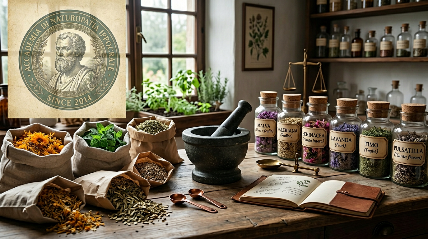 Firefly_#12243 — Erboristeria e naturopatia_Bancone di laboratorio erboristico con mortaio e 43683