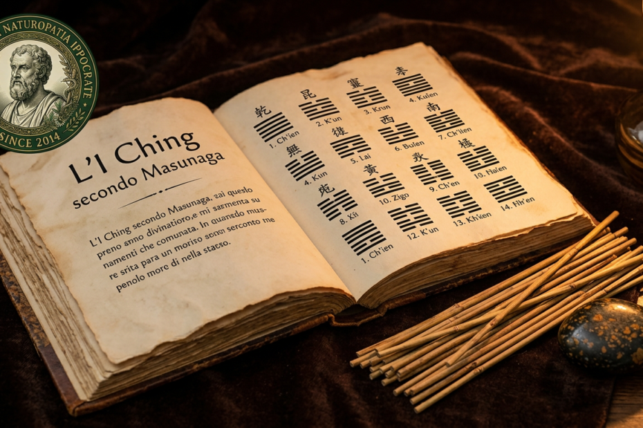 Libro antico aperto con gli esagrammi dell'I Ching - il Libro dei Mutamenti secondo Masunaga nella naturopatia
