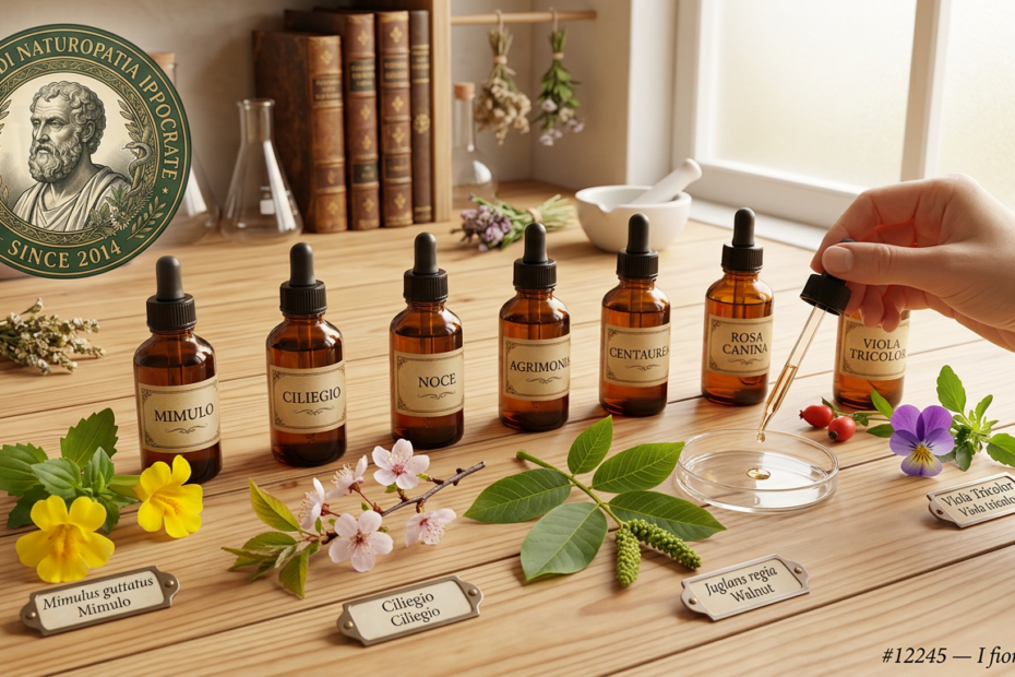 Flaconcini di fiori di Bach con contagocce su piano in legno - la floriterapia nella formazione del naturopata