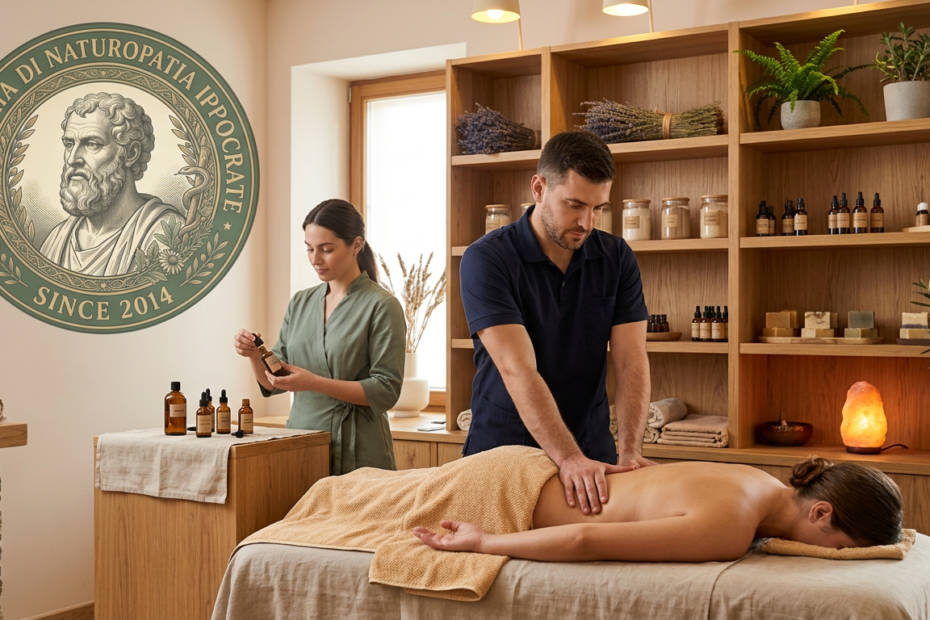 Estetista e massaggiatore affiancati al lavoro - la naturopatia come marcia in più per gli operatori del benessere