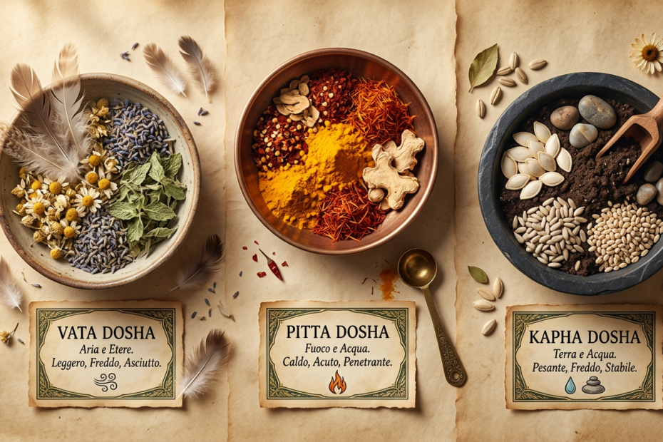 I tre dosha dell'Ayurveda - Vata, Pitta e Kapha - rappresentati da tre composizioni di spezie ed elementi naturali su piano neutro