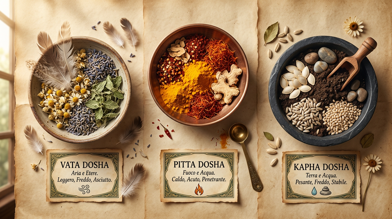Dosha in Ayurveda: Vata, Pitta e Kapha e come riconoscere la tua costituzione 4 Firefly_Dosha in Ayurveda- Vata, Pitta, Kapha__Tre composizioni affiancate su piano neutro- p 43683