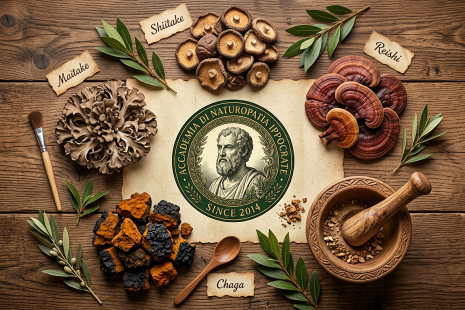 Micoterapia - assortimento di funghi medicinali essiccati della tradizione: shiitake, reishi e chaga con foglie e mortaio in legno