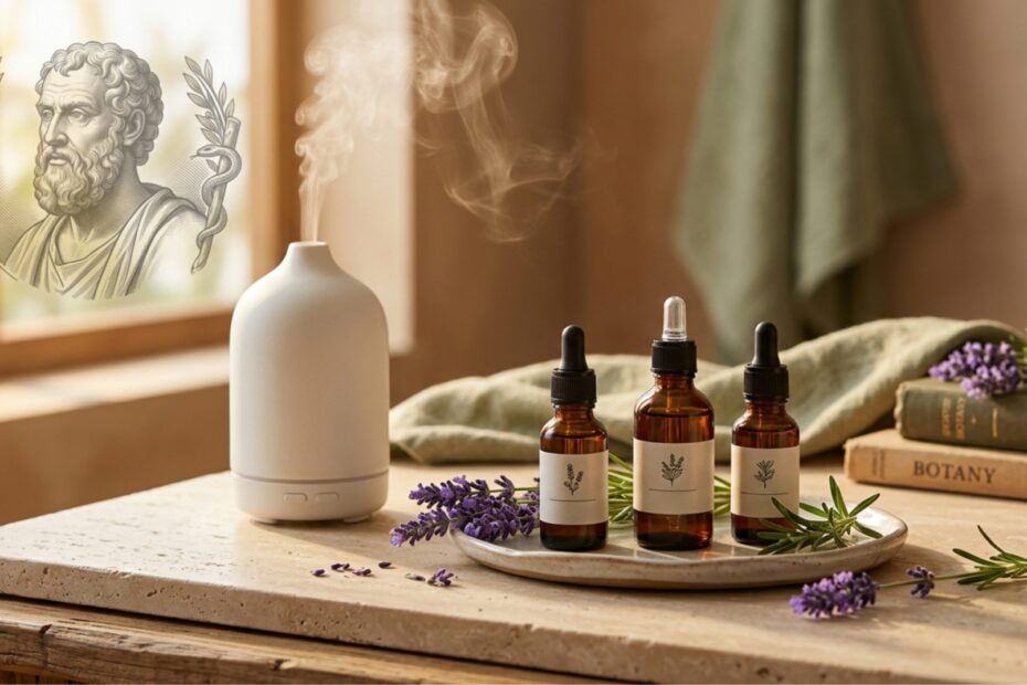 Boccette di vetro scuro con oli essenziali rametti di lavanda e rosmarino diffusore in ceramica con vapore - aromaterapia