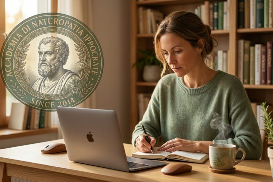Donna che prende appunti su quaderno davanti al laptop con tazza di tisana - come scegliere una scuola di naturopatia