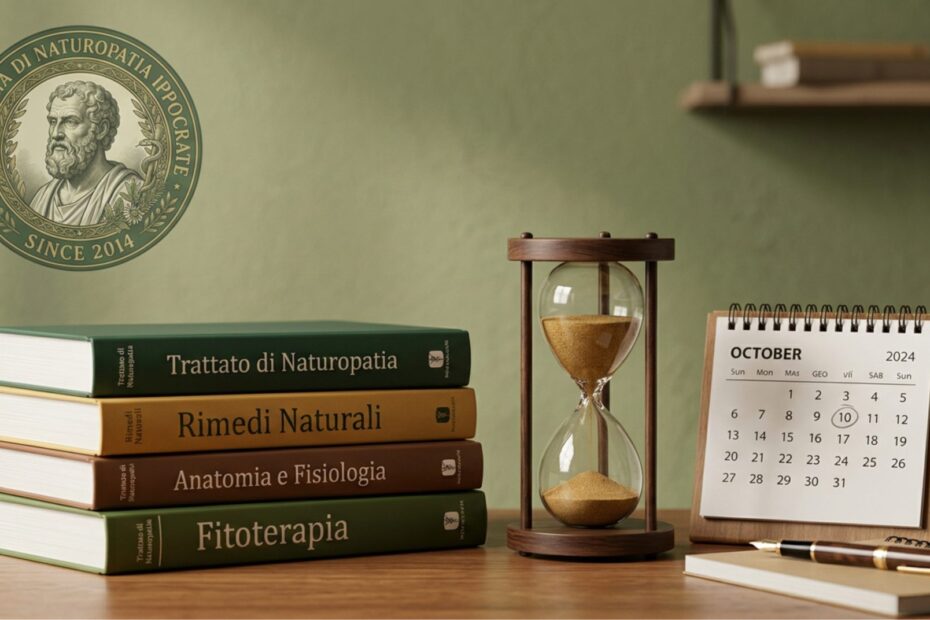 Scrivania con pila di libri di naturopatia calendario e clessidra metafora del tempo e della profondità del percorso formativo