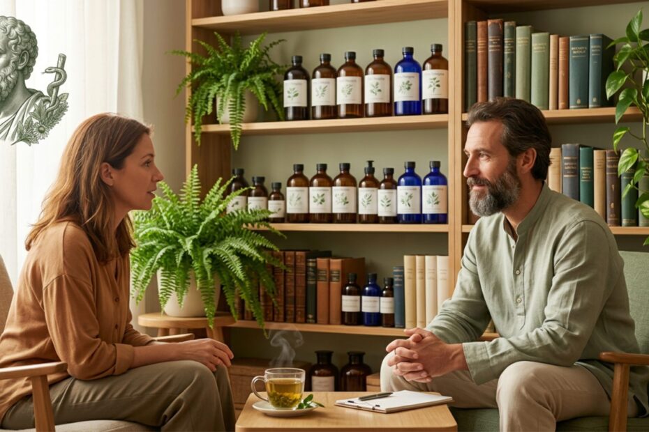 Naturopata in ascolto attivo con cliente in studio luminoso con piante e scaffale di boccette e libri di erboristeria
