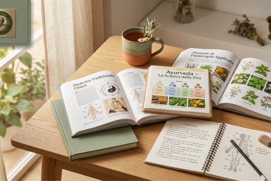 Tavolo da studio con libri di medicina tradizionale cinese ayurveda e fitoterapia quaderno con schema dei meridiani e tisana