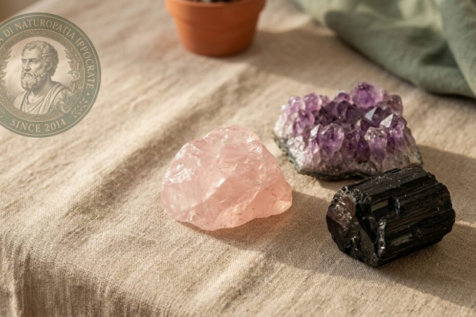Quarzo rosa ametista e tormalina nera disposti su tessuto di lino naturale con luce morbida laterale - cristalloterapia