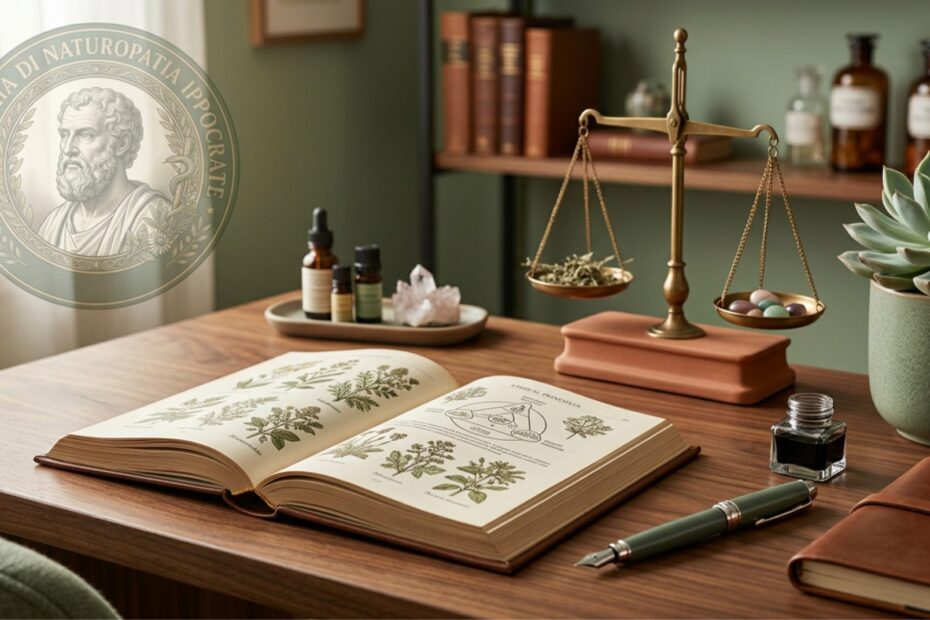 Scrivania con libro aperto penna stilografica bilancia in ottone e pianta - deontologia del naturopata