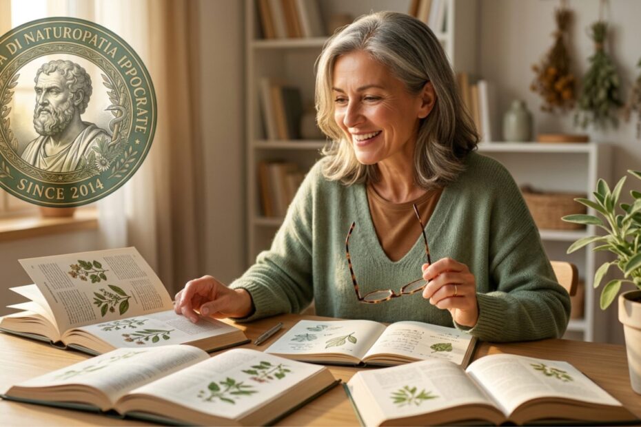 Donna matura sorridente che studia libri di erboristeria con occhiali in mano e luce dorata del pomeriggio