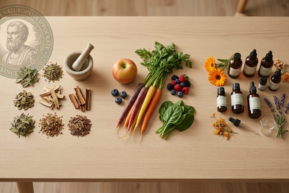 Tavolo con tre composizioni: erbe officinali con mortaio, frutta e verdura fresca, boccette di oli e fiori - differenze tra naturopata erborista e nutrizionista