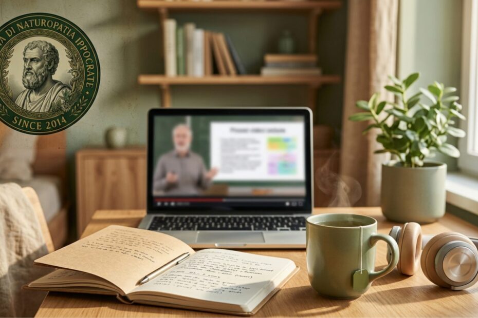 Laptop con videolezione accanto a quaderno con appunti cuffie e tisana - studiare naturopatia online o in presenza