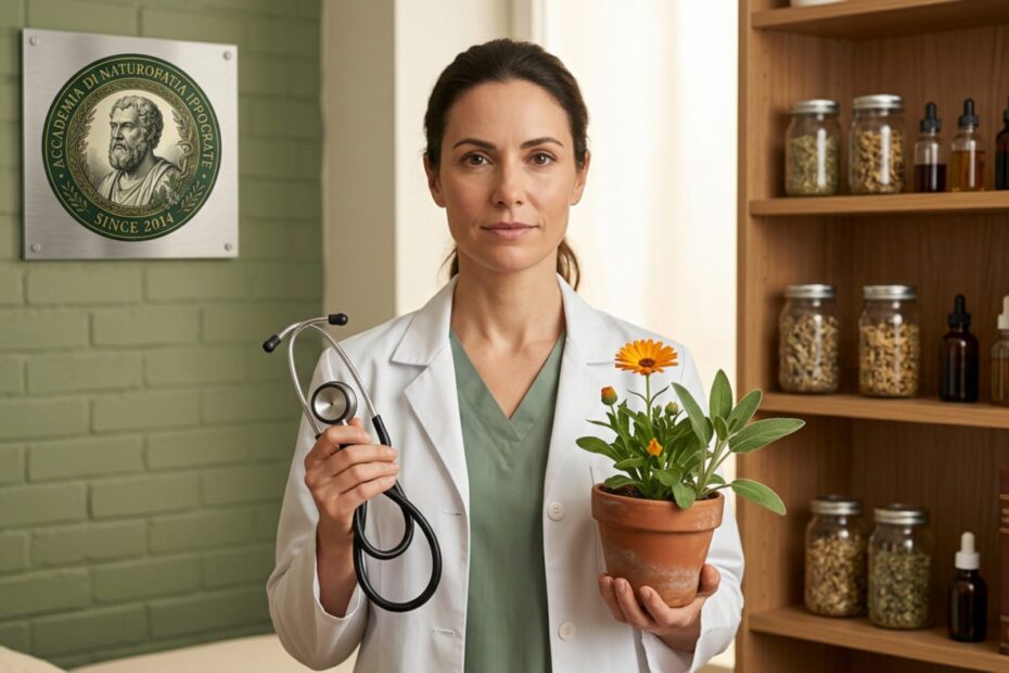 Operatrice sanitaria con stetoscopio e pianta officinale espressione serena sfondo clinico con tocchi naturali caldi naturopatia per infermieri