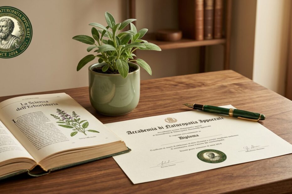 Diploma accademico con sigillo ufficiale su scrivania in legno con libro di naturopatia aperto pianta e penna stilografica