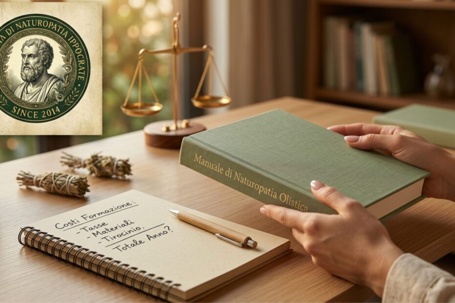 Mani che tengono libro di naturopatia con taccuino e note accanto a piccola bilancia in ottone su scrivania ordinata