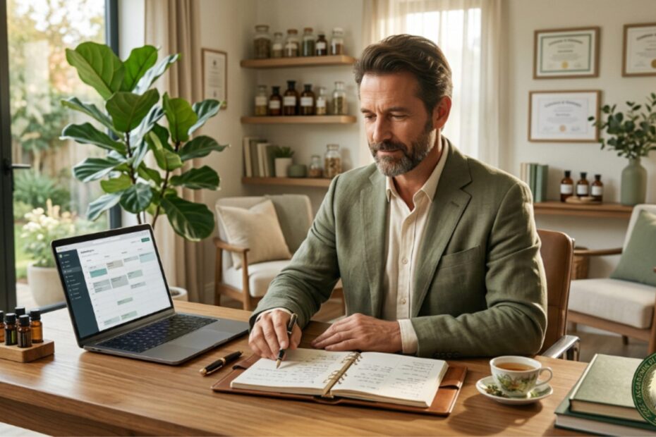 Naturopata professionista nel suo studio luminoso alla scrivania con agenda, laptop e pianta verde