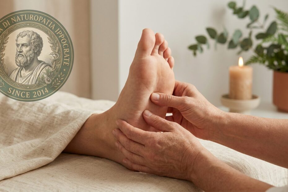 Mani esperte che trattano la pianta del piede riflessologia plantare con telo naturale candela e pianta sullo sfondo
