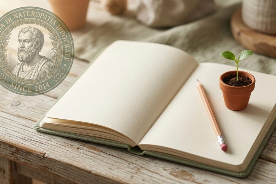 Quaderno nuovo aperto su prima pagina bianca con matita e piccolo germoglio verde in vasetto - simbolo di inizio