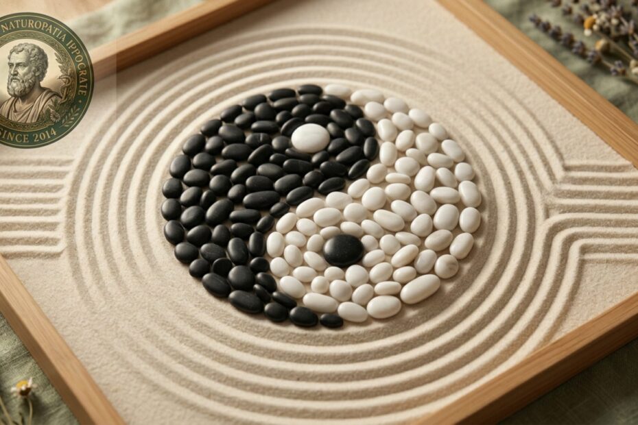 Simbolo Taijitu composto con sassi levigati bianchi e neri su sabbia rastrellata stile zen - Yin e Yang nella naturopatia