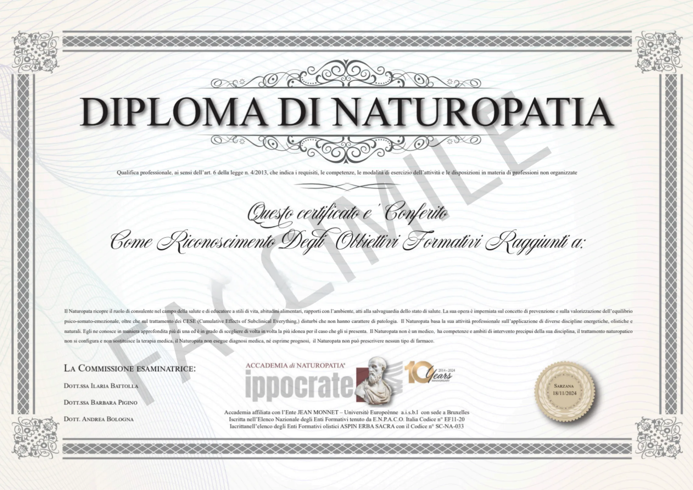 Attestato di frequenza Accademia Ippocrate del corso di naturopatia online (Ancona)
