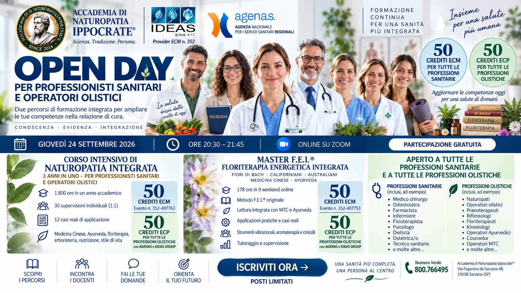 Open Day dell'Accademia di Naturopatia Ippocrate: Corso Intensivo di Naturopatia Integrata e Master F.E.I. di Floriterapia Energetica Integrata, con crediti ECM — provider IDEAS GROUP S.r.l. n. 352. Formazione online, anche da Macerata