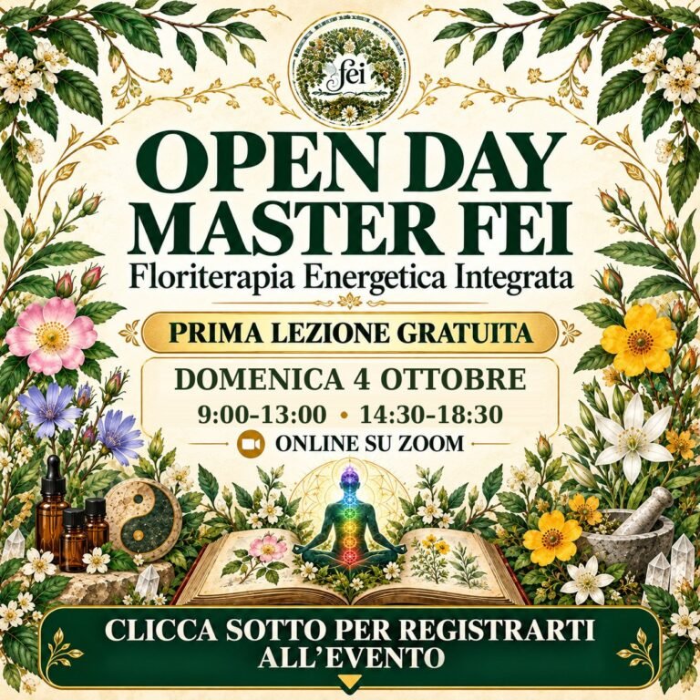 Open Day Master FEI – Floriterapia Energetica Integrata, prima lezione gratuita domenica 4 ottobre, 9:00–13:00 e 14:30–18:30, online su Zoom